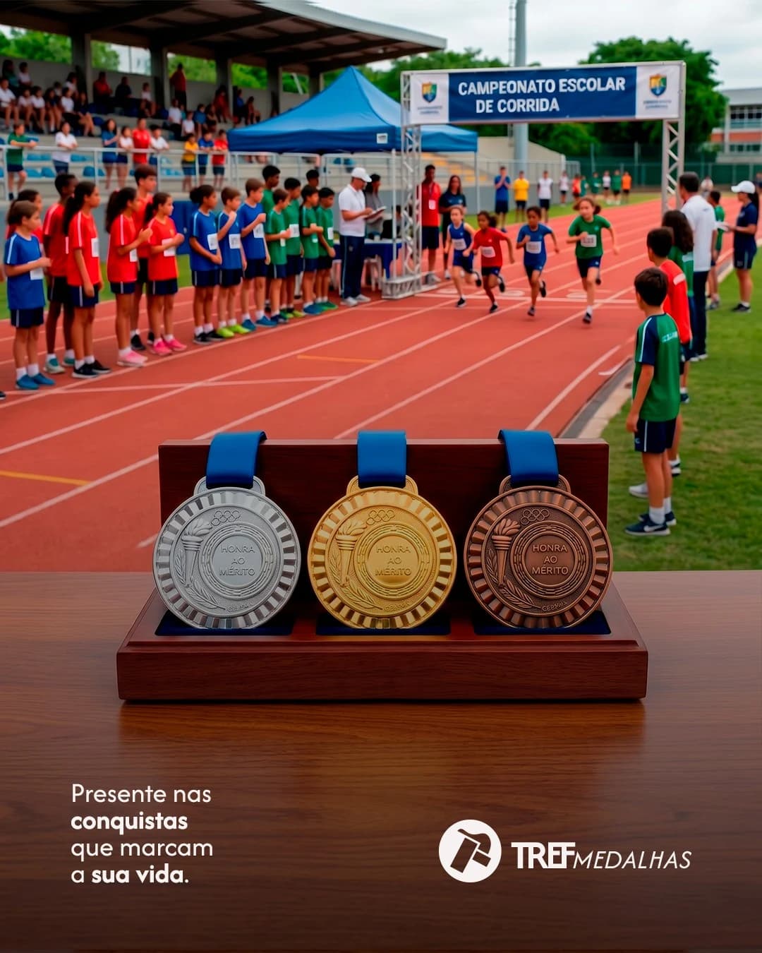 Medalhas Tref entregues em evento esportivo